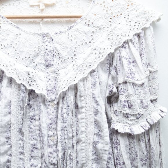 LoveShackFancy Floral Victoria Eyelet Blouse in Purple and White "Alaine" - Picture 8 of 8